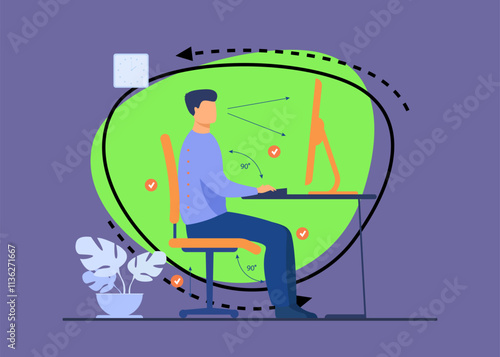 Instruction for correct pose during office work flat vector illustration. Cartoon worker sitting at desk with right posture for healthy back and looking at computer. Health and ergonomics concept