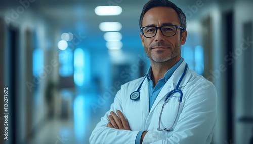 Doctor in a hospital corridor with blurred background, representing health care, medical treatment, and professionalism in the medical field, soft background focus