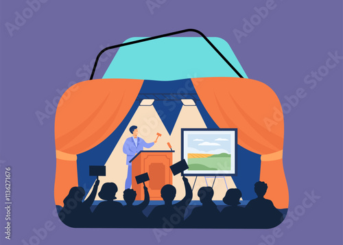 Man holding gavel behind special stand and selling picture flat vector illustration. Cartoon crowd of buyer raising hands and bidding price. Art auction and painting gallery concept