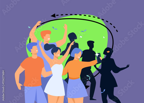 Happy young people taking selfie on smartphone while dancing and having fun at concert in night club. Vector illustration for party, entertainment, friends concept