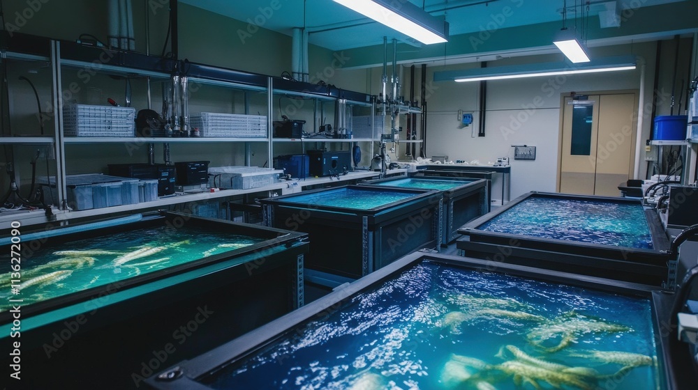 Obraz premium Marine Biology Research Facility with Multiple Tanks Housing Aquatic Life for Scientific Study and Experimentation in a Controlled Environment