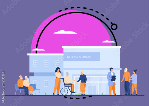 Nursing home residents. Old people walking outside with caregivers and visitors. Vector illustration for elderly care, age, retirement, hospice concept