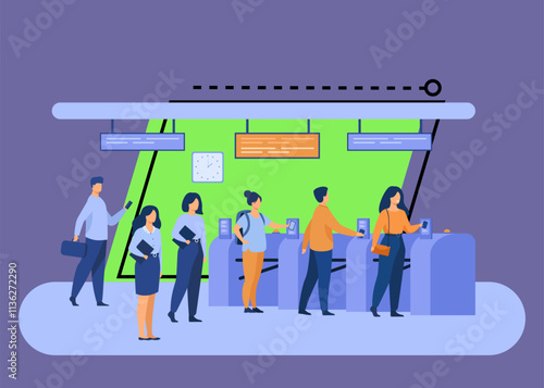 Metro passengers scanning electronic train tickets at entrance and turnstiles. Subway employees in uniforms keeping order. Vector illustration for public transport, automatic service concept