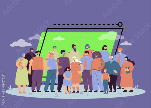 Multinational crowd of people standing together flat vector illustration. Portrait of cartoon diverse young and old men, women and kids. Multicultural society and community concept