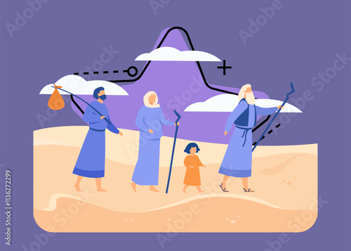 Moses leading Israelites across desert towards Promised Land flat vector illustration. Christian ancient prophet showing way through sands to characters. Bible narratives and religion concept