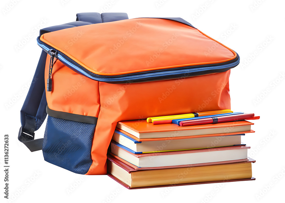 school backpack with stack book and pens isolate on white background school backpack with stack book and pens isolate on white background