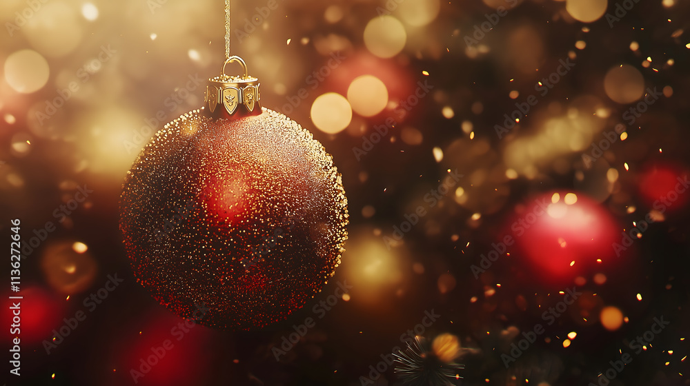 Festive Red and Gold Ornament Hangs Against a Blurred Background of Shimmering Holiday Lights Festive Red and Gold Ornament Hangs Against a Blurred Background of Shimmering Holiday Lights