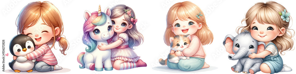Cute children hugging animals, including penguin, unicorn, kitten, and elephant, showcasing joy and friendship Cute children hugging animals, including penguin, unicorn, kitten, and elephant, showcasing joy and friendship