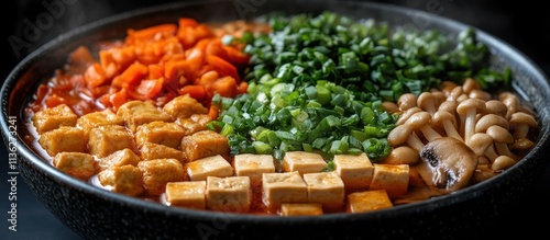 Steaming bowl of tofu, mushrooms, carrots, and scallions in savory broth. photo