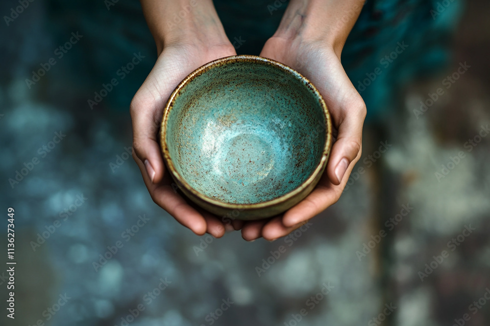 Hands holding a rustic ceramic bowl against a blurred textured background Hands holding a rustic ceramic bowl against a blurred textured background