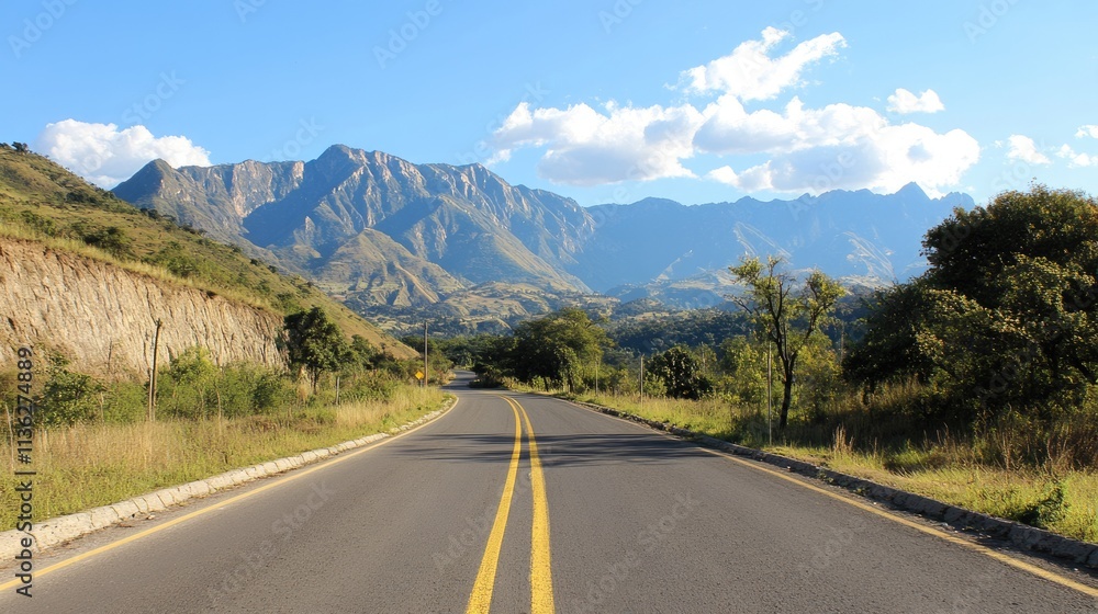 Lonely Path: Scenic View of an Empty Road with Yellow Markings Surrounded by Majestic Mountains and Lush Trees Under a Cloudy Sky Lonely Path: Scenic View of an Empty Road with Yellow Markings Surrounded by Majestic Mountains and Lush Trees Under a Cloudy Sky