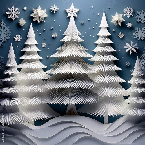 Background of winter pine forest, Merry Christmas and happy new year paper cut and craft style.