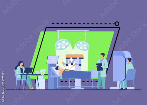 Robot operating on patient. Surgeons monitoring robotic arms work in operating room. Vector illustration for modern technology in surgery, surgical equipment concept