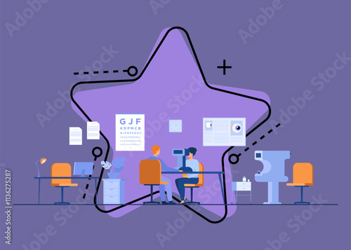 Professional ophthalmologist examining patient eyes isolated flat vector illustration. Cartoon oculist making surgery laser correction. Optical medicine and oculists office interior concept