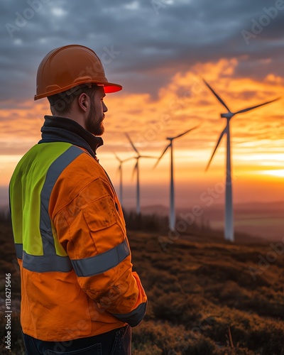 Wind energy technician maintaining wind turbines, windmills in the background, sustainable energy systems, professional work team working on renewable solutions