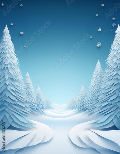 Background of winter pine forest, Merry Christmas and happy new year paper cut and craft style.