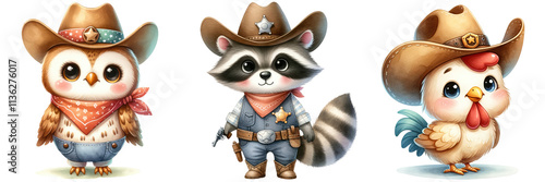 Cute cowboy animals including owl, raccoon, and chicken in western attire