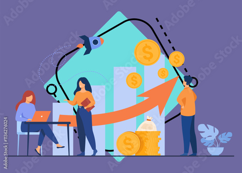 Startup managers presenting and analyzing sales growth chart. Group of workers with heap of cash, rocket, bar diagrams with arrow and heap of money. For business success, marketing, profit concepts