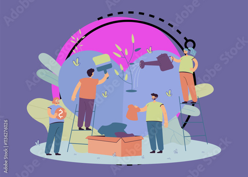 Stylized volunteer team giving care and sharing hope isolated flat vector illustration. Cartoon group of characters helping poor people with social support and money. Charity and donation concept