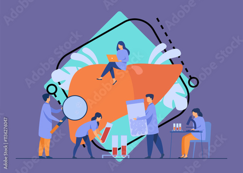 Tiny doctors treating hepatitis or liver cancer isolated flat vector illustration. Cartoon physicians taking care of patient diseased liver. Medicine and disease awareness concept