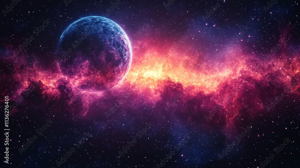 Obraz premium Captivating Cosmic Scene Featuring a Glowing Nebula and a Majestic Planet Surrounded by Stars in a Deep Space Environment of Wonder and Beauty