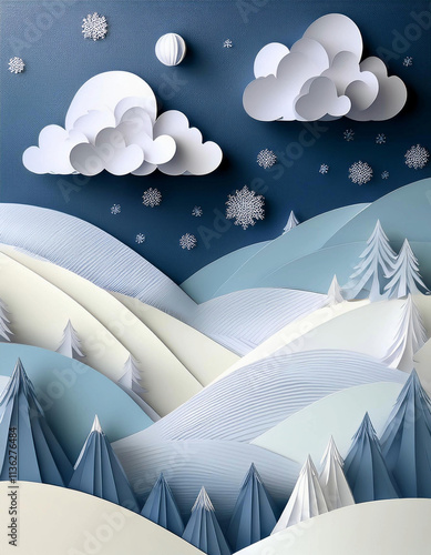 Background of winter pine forest, Merry Christmas and happy new year paper cut and craft style.