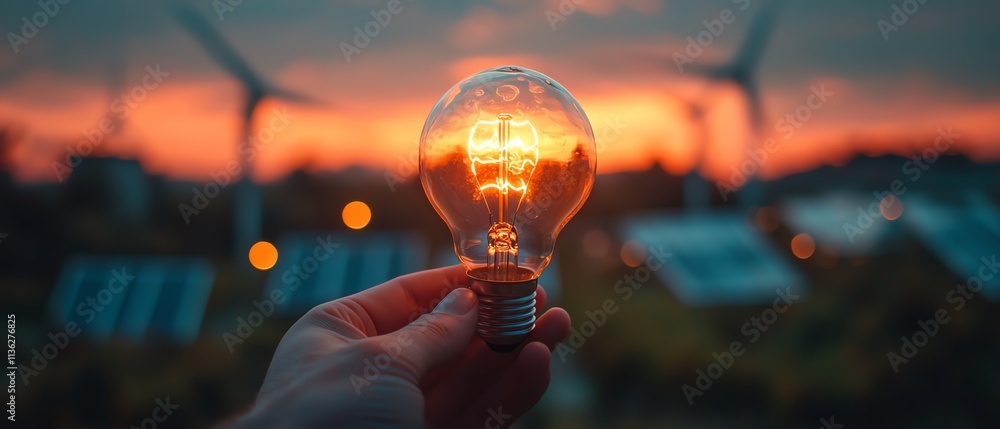 Ecofriendly landscape with hand holding a light bulb, windmills and solar panels in the background, promoting clean, renewable energy Ecofriendly landscape with hand holding a light bulb, windmills and solar panels in the background, promoting clean, renewable energy
