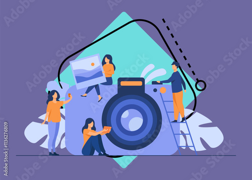 Tiny people and large photo camera isolated flat vector illustration. Cartoon characters making selfie and holding full picture. Photography courses and artistic occupation concept