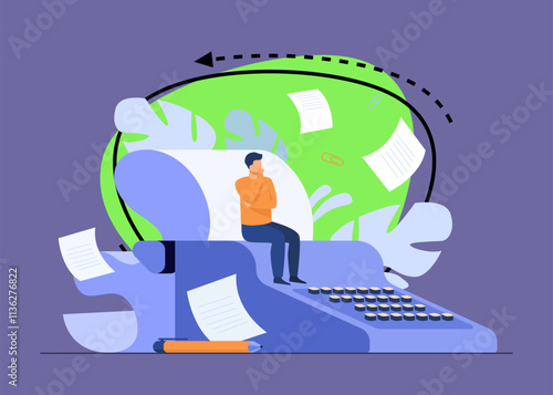 Tiny screenwriter sitting on retro typewriter, thinking screenplay while paper drafts flying around author. Vector illustration for creative job, book or story writing concept