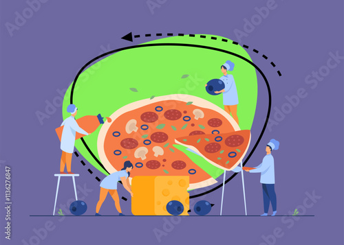Tiny professional cooks preparing tasty pizza isolated flat vector illustration. Cartoon character taking piece of huge pizza. Chiefs putting cheese, ketchup and olives. Fast food and bistro concept