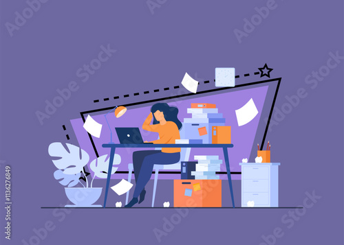 Tired overworked secretary or accountant working at laptop near pile of folders and throwing papers. Vector illustration for stress at work, workaholic, busy office employee concept