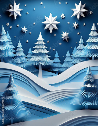 Background of winter pine forest, Merry Christmas and happy new year paper cut and craft style.