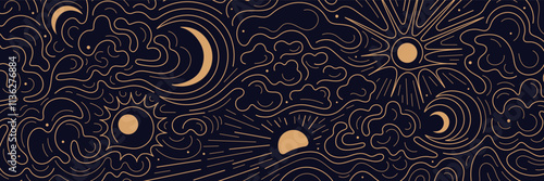 Sun, moon, cloud backdrop. Night art line pattern