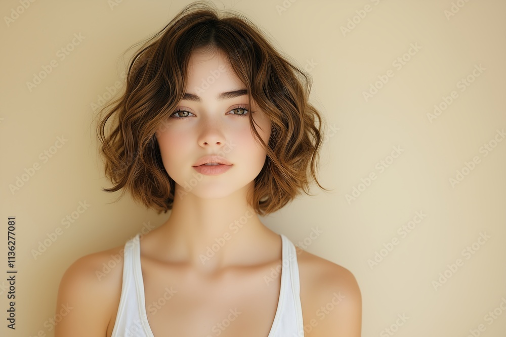 cute girl with mocha hair, white tank top and shoulders, light brown background, hair salon ad, short wavy bob style hairstyle cute girl with mocha hair, white tank top and shoulders, light brown background, hair salon ad, short wavy bob style hairstyle