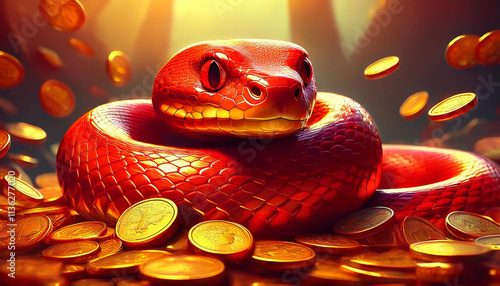 Red Snake on gold coins with an Aura of Wealth