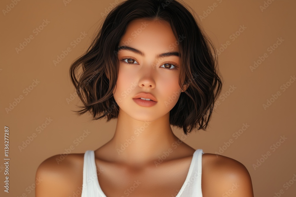 cute girl with mocha hair, white tank top and shoulders, light brown background, hair salon ad, short wavy bob style hairstyle cute girl with mocha hair, white tank top and shoulders, light brown background, hair salon ad, short wavy bob style hairstyle