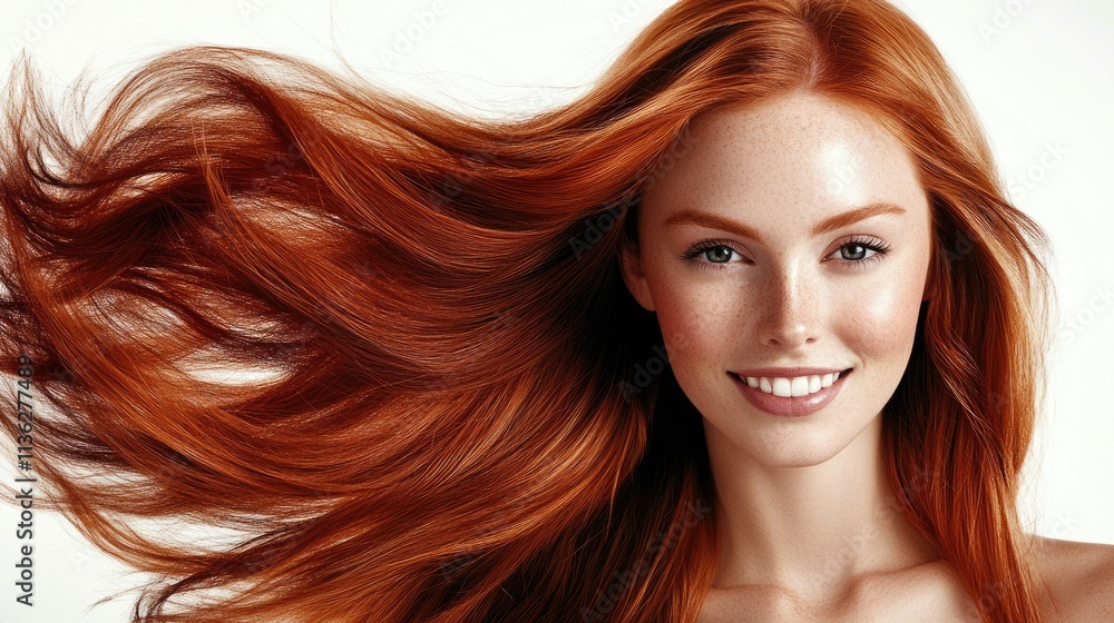 Joyful Young Woman with Radiant Long Ginger Locks Exuding Beauty and Style Against a Clean White Backdrop Joyful Young Woman with Radiant Long Ginger Locks Exuding Beauty and Style Against a Clean White Backdrop