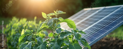 Green plant with solar panel and bulb, symbolizing renewable energy, clean energy, and sustainable solutions for a green future