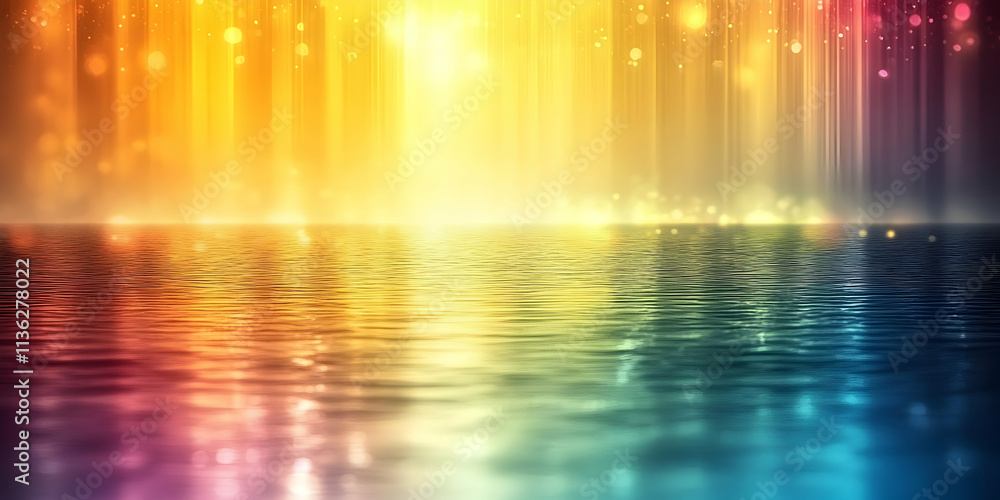 Vibrant rainbow light reflecting on calm water. Vibrant rainbow light reflecting on calm water.