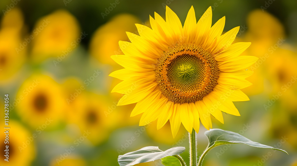 Vibrant sunflower in a field of sunflowers. Vibrant sunflower in a field of sunflowers.