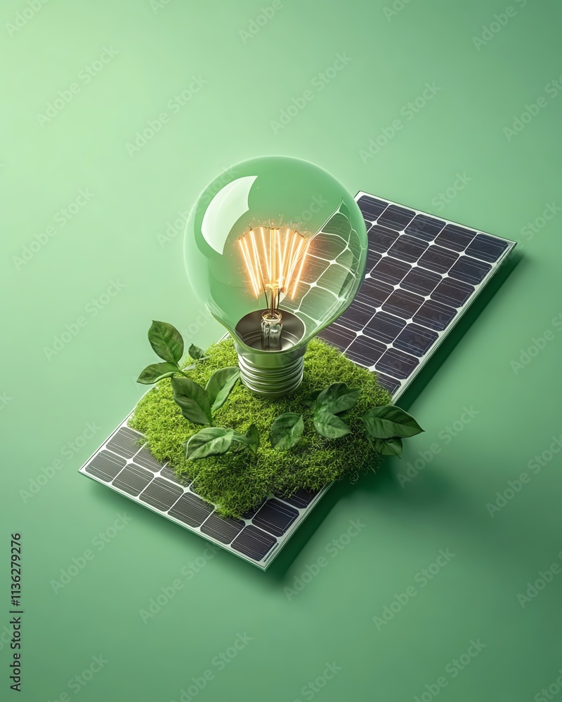 Renewable energy concept featuring green plant, solar panel, and bulb, highlighting clean, sustainable, and alternative energy sources