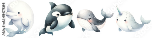 Cute cartoon marine animals including beluga whale, orca, gray whale, and narwhal, showcasing playful expressions and soft
