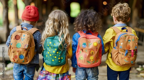 Four children with vibrant, decorated backpacks stroll along a wooden bridge, facing away from the camera, embodying innocence, exploration, and childhood wonder.