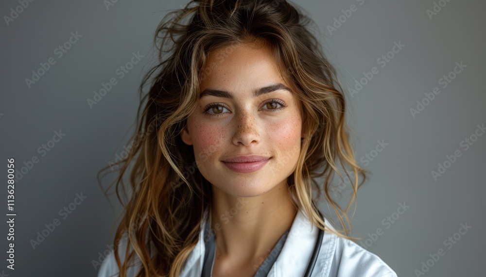 Young Female Doctor With Freckles Smiles Confidently Young Female Doctor With Freckles Smiles Confidently