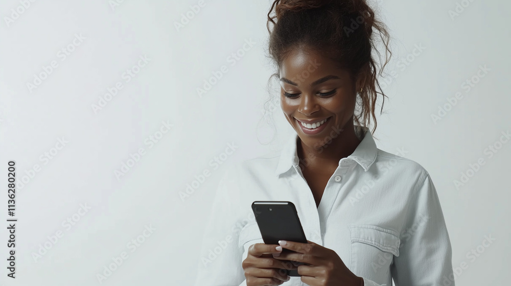 Femme africaine de 30 ans en chemise blanc regarde en souriant son smartphone, fond blanc, personnage pour publicité, site web, démo d'application ou de logiciel, tech et IT B2B Femme africaine de 30 ans en chemise blanc regarde en souriant son smartphone, fond blanc, personnage pour publicité, site web, démo d'application ou de logiciel, tech et IT B2B