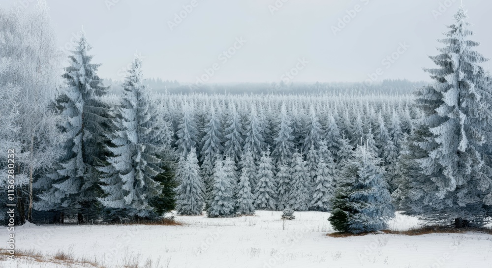 Obraz premium Winter landscape, snow-covered pine trees, evergreen forest, white background, frosty scene, serene nature, coniferous trees, snowy branches, panoramic view, Christmas tree farm, winter wonderland, mi
