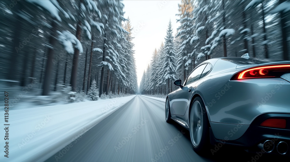 Dynamic motion blur of car driving on snowy road through winter forest. Snow-covered landscape and glowing red taillights Dynamic motion blur of car driving on snowy road through winter forest. Snow-covered landscape and glowing red taillights