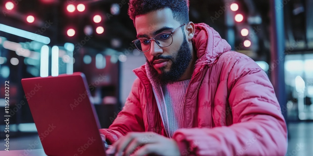 Fototapeta premium Focused on the Task: A young man wearing glasses and a pink jacket intently works on his laptop. The vibrant neon lighting adds a sense of energy and focus to the image.