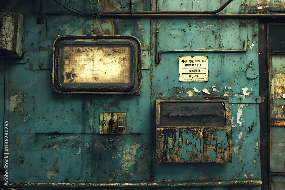 Naklejka premium Weathered teal metal wall with vintage signs and boxes.