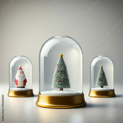 Snow globes, empty glass domes, golden bases, isolated on white background, transparent spheres, Christmas decorations, winter ornaments, collection, variety, holiday decor, crystal balls, magical obj